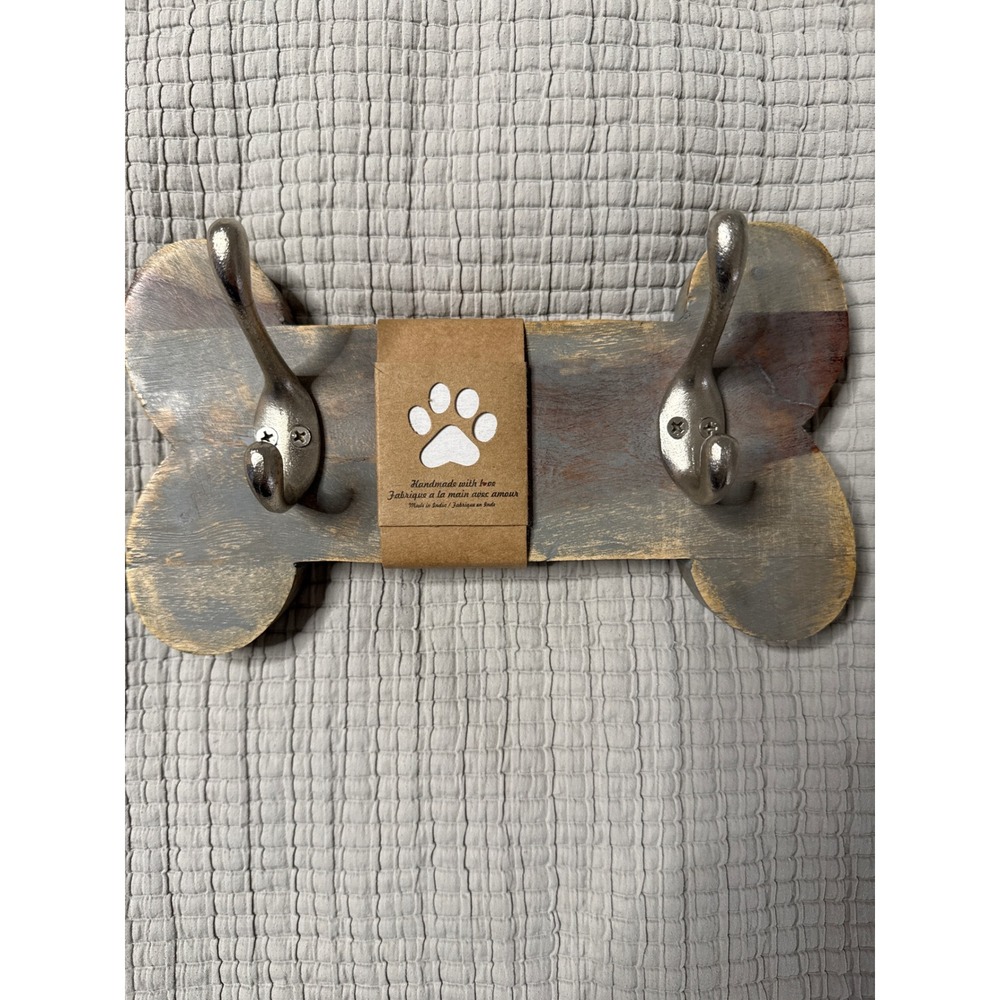 Rustic Wood Dog Bone Wall Hook Rack Leash Holder Distressed‎ Grey 10.5in